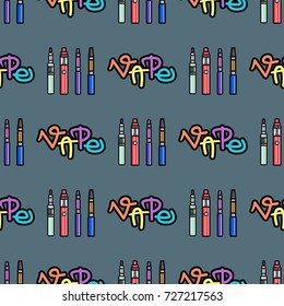 Vape device vector cigarette vaporizer vapor juice seamless pattern bottle flavor illustration battery coil.