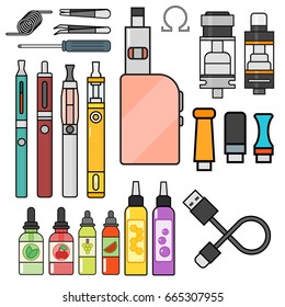 Vape device vector set cigarette vaporizer vapor juice bottle flavor illustration battery coil.