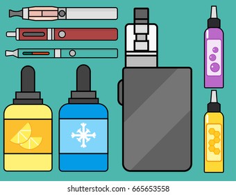 Vape device vector set cigarette vaporizer vapor juice bottle flavor illustration battery coil.