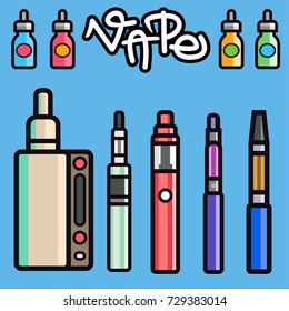 Vape device vector set cigarette vaporizer vapor juice bottle flavor illustration battery coil.