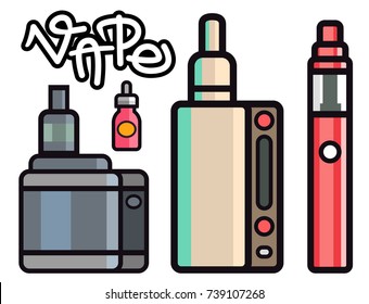 Vape device vector set cigarette vaporizer vapor juice bottle flavor illustration battery coil.