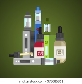 Vape device vector set. Vaping juice for vape. Vape trend new culture. Vape smoking. Vapor vaping. Vape vector sign. 