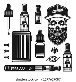 Vape devices and e-cigarettes set of vector objects or design elements in vintage monochrome style isolated on white background