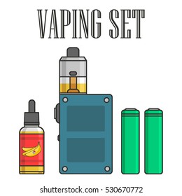 Vape devices icon set. Vaping juice for e cigarette. Vector sign colorful illustration modern flat style design isolated on white background for web banner or print