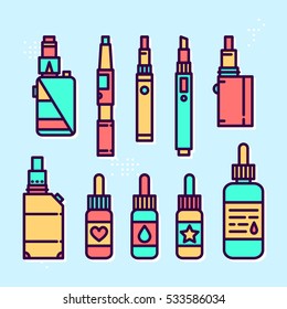 Vape devices and liquids vector graphic line art style icon set