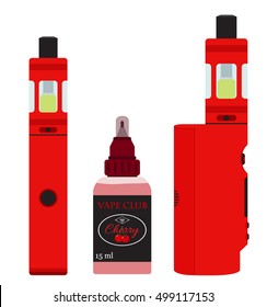 Vape devices set. Vaping cherry juice in bottle. Flat style.