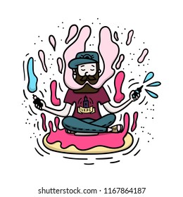 Vape doodle style illustration. Vaping hipster with beard on the donut. Stock vector