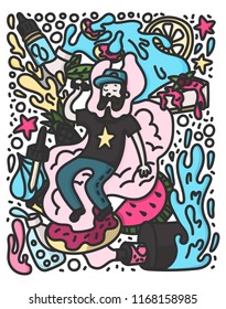 Vape doodle style illustration. Vaping hipster with beard on the cloud. Stock vector