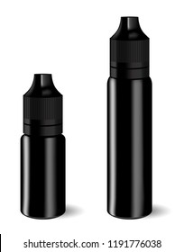 Vape E liquid dropper bottle set in black color. Realistic essential oil jar. Mock up container. Cosmetic vial, flask, flacon isolated on white background. Medical bank.