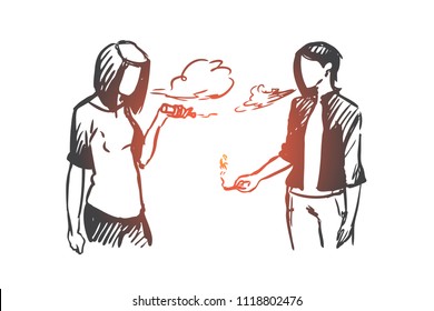 Vape, e-cigarette, girl, smoke concept. Hand drawn teenage girls vaping e-cigarettes image concept sketch. Isolated vector illustration.