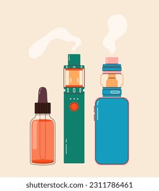 Conjunto colorido de elementos de la forma. Cigarrillos electrónicos y juego de uvas. Ilustración vectorial moderna. Diversos diseños de bolígrafos de uva y manos sosteniendo mods de vaina. Diseño de vectores planos para web e impresión.