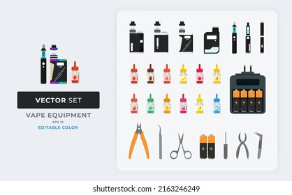 Vape equipment set vector illustration. Vaping accessories and tools. set vector for Vape shop and vaporizer. color editable Eps 10.