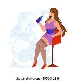 Vape Girl Smoking Electronic Cigarette Vector. Pretty Young Vape Girl Sitting On Chair And Smoke E-cigarette. Character Woman Hipster Vaping And Inhale Nicotine Flat Cartoon Illustration