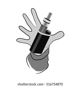 Vape in hand, black - white vector illustration

