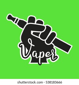 Vape Icon. Hand Holding E-cigarette. Vaping Symbol On Bright Background. Vaporize Pen Device In A Hand. Vector Illustration.