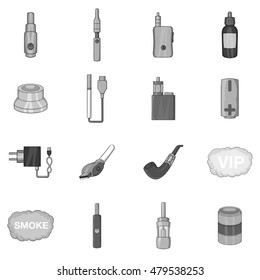 Vape icons set in black monochrome style. Electronic cigarette and accessories set collection vector illustration