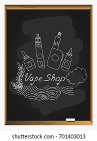 Vape icons set on blackboard background. Vape and accessories for vape shop, e-cigarette store. Vector illustration.