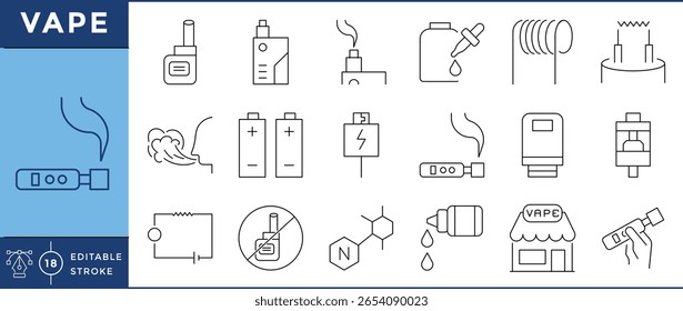 Ícones de fita definidos. Fumaça, química, bateria, bobina, loja, nicotina e muito mais. Traçado editável de vetor.