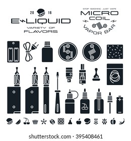 Vape Labels, E-cigarette And Fruit Flavor Icons In Flat Style. Black Print On White Background