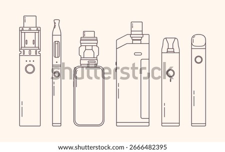 Vape line art set. Electronic cigarettes and vape set. Modern vector outline illustrations. Variety of designs vape pens and pod mods. Flat vector design for web.