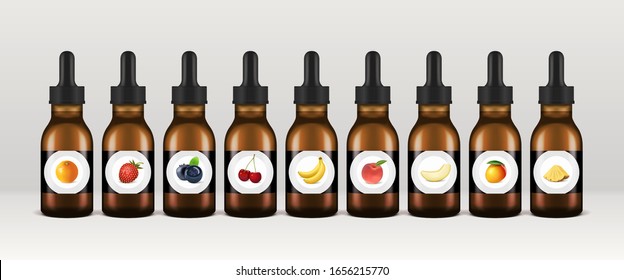 Vape liquid bottles. Set of vector e-liquid droppers. Various fruit flavors, orange, strawberry, blueberry, cherry, banana, peach, melon, mango and pineapple.