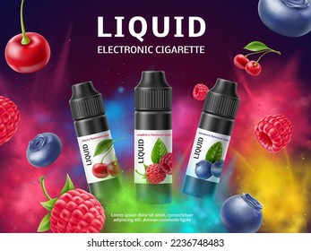 Vape liquid poster. Colorful flavor explosion, realistic bottles with different fruit liquids tastes for vaporizer, blueberry cherry raspberry flavors, promo banner utter vector concept