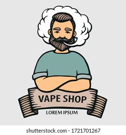 Vape logo. Hand-drawn hipster dude with mustache and beard. Man with vape and cloud isolated on white vector background. Electronic Cigarette. Vector. Stickers, logo, Emblem