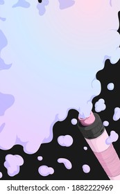 Vape mech mod with rebuildable dripping atomizer  and cloud of vapor. Background with E-cigarette art and place for text. Colorful Vector illustration in cartoons style. Vertical banner