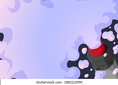 Vape mech mod with rebuildable dripping atomizer  and cloud of vapor. Background with E-cigarette art and place for text. Colorful Vector illustration in cartoons style. Horizontal banner 