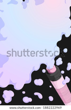 Vape mech mod with rebuildable dripping atomizer  and cloud of vapor. Background with E-cigarette art and place for text. Colorful Vector illustration in cartoons style. Vertical banner
