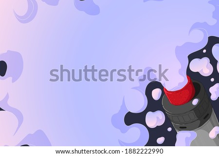 Vape mech mod with rebuildable dripping atomizer  and cloud of vapor. Background with E-cigarette art and place for text. Colorful Vector illustration in cartoons style. Horizontal banner 