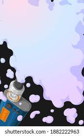 Vape mod with Rebuildable Dripping Tank Atomizer and cloud of vapor. Background with E-cigarette art and place for text. Vector illustration in cartoons style. Vertical banner with trendy vaping art.