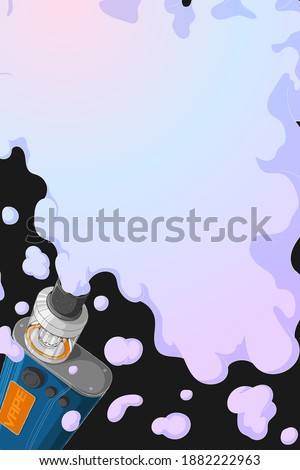 Vape mod with Rebuildable Dripping Tank Atomizer and cloud of vapor. Background with E-cigarette art and place for text. Vector illustration in cartoons style. Vertical banner with trendy vaping art.