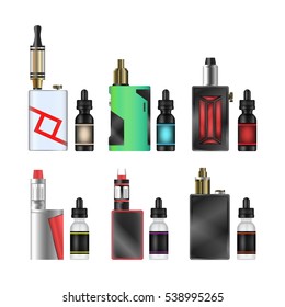 Vape Mod Set. Electronic Cigarette With Juice. Colorful Vector Vaporize Device With Liquid Bottles On White Background. Trend New Culture. Illustration.