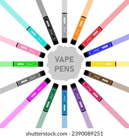 Vape Pen Disposable electronic vape pen cigarettes E-cigarettes in different flavours sorted by color vector illustration