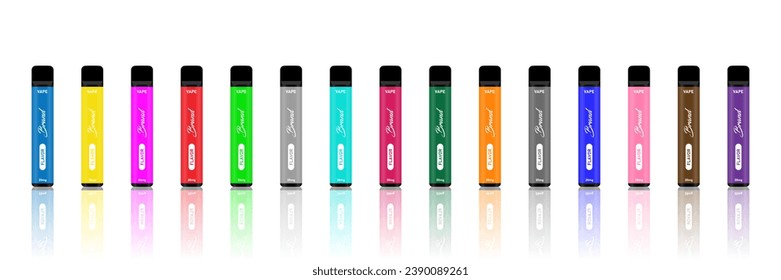 Vape Pen Disposable electronic vape pen cigarettes E-cigarettes in different flavours sorted by color vector illustration