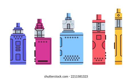 Vape pen, electronic cigarette, smoking devices. Hand drawn e-cigarette, vape shop products for simulating tobacco smoking flat vector illustration set. Cartoon vape pan and box collection