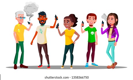 Vape People Vector. Person With Vaporizer Vaping Together. Hipster Addiction. Cloud. Illustration