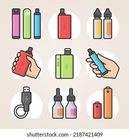 Vape pod line icons. Set of vector outline icons for vape shop or electronic cigarettes store. Pods, devices, liquids, batteries and accessories