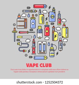 Vape products promotional poster with modern devices for smoking that produce steam with flavor and aroma isolated cartoon flat vector illustrations