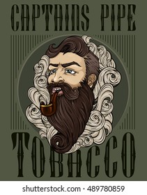 Vape pub "Captains pipe". Vector illustration of hipster with mustache, beard and tobacco pipe in smoke cloud. T-Shirt design. Poster. 