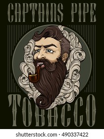Vape pub "Captains pipe". Vector illustration of hipster with mustache, beard and tobacco pipe in smoke cloud. T-Shirt design. Poster. 