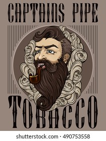 Vape pub "Captains pipe". Vector illustration of hipster with mustache, beard and tobacco pipe in smoke cloud. T-Shirt design. Poster. 