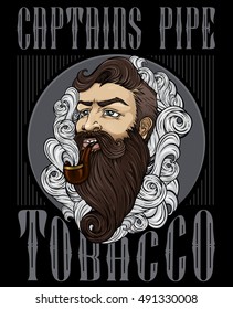 Vape pub "Captains pipe". Vector illustration of hipster with mustache, beard and tobacco pipe in smoke cloud. T-Shirt design. Poster. 