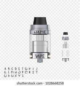 Vape Realistic Atomizer. Creating corporate identity. Personal vape style and its name. Set font letters