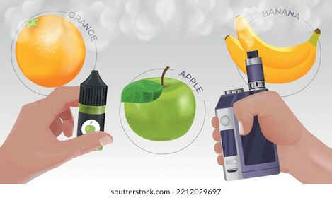 Vape realistic composition with orange and apple electronic cigarettes symbols vector illustration