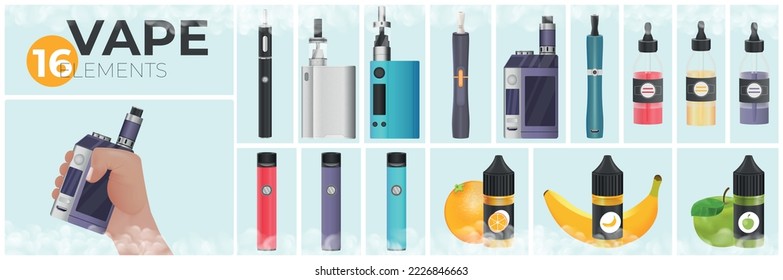 Vape realistic composition set with addiction to electronic cigarettes symbols isolated vector illustration