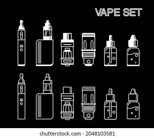 Vape set, e-cigarette minimalist line icons in flat style. Isolated black on white background.
