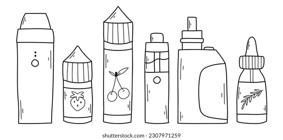 Vape set. vape liquids. Collection of electronic cigarettes in doodle style. Vector illustration.