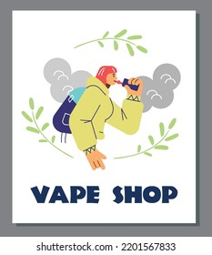 Vape shop advertising poster, young woman vaping, flat vector illustration. Character walking and smoking e-cigarettes. Banner for vape store, buy liquids for electronic cigarettes.